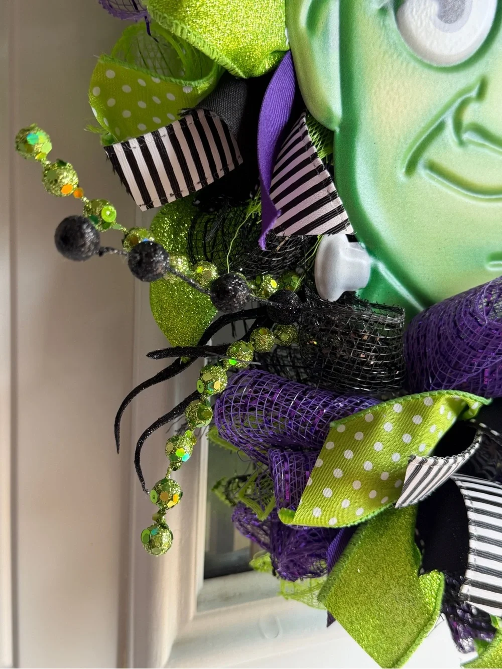 Frankenstein Halloween Door Wreath Swag Lighted Deco Mesh Purple Green Handmade